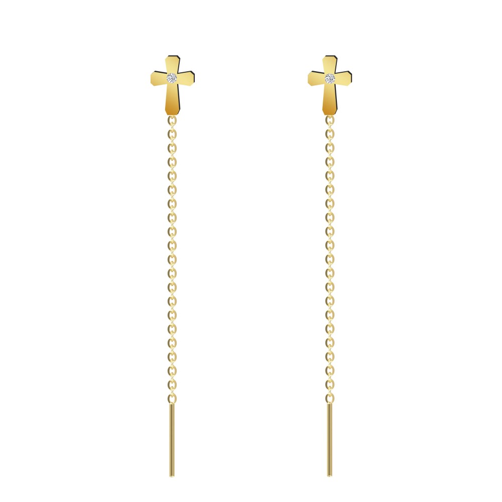 Cercei lungi cu lantisor si model cruciulita aur 14K pentru dama Cercei lungi cu lantisor si model cruciulita aur 14K pentru dama