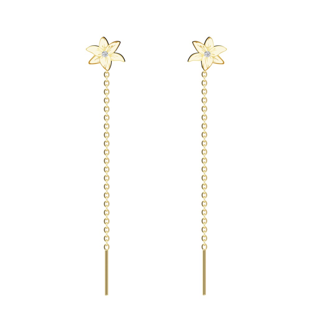 Cercei lungi cu lantisor aur 14k model crin cu diamante naturale Cercei lungi cu lantisor aur 14k model crin cu diamante naturale