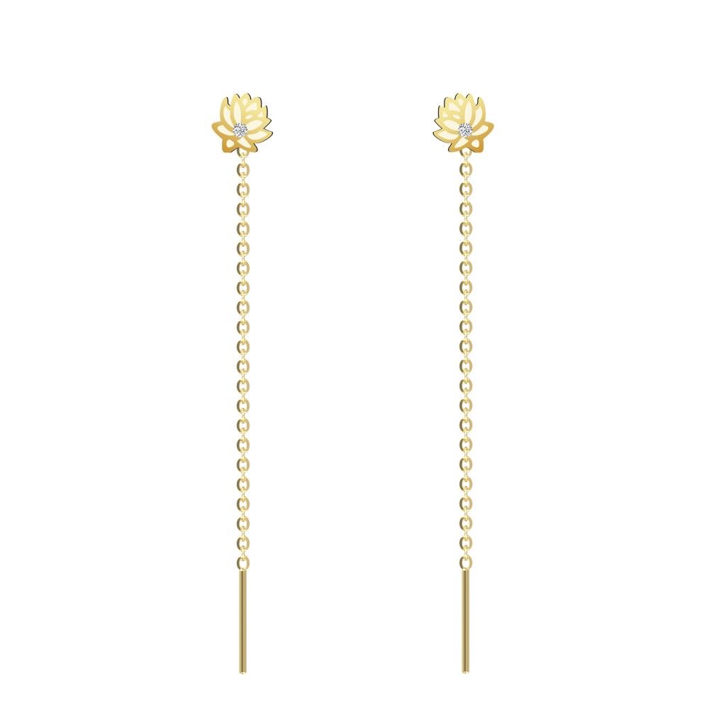 Cercei lungi cu lantisor model floral lotus aur 14K si diamante naturale Cercei lungi cu lantisor model floral lotus aur 14K si diamante naturale
