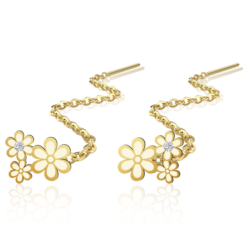 Cercei lungi cu lantisor aur 14k model trei floricele si diamante naturale Cercei lungi cu lantisor aur 14k model trei floricele si diamante naturale