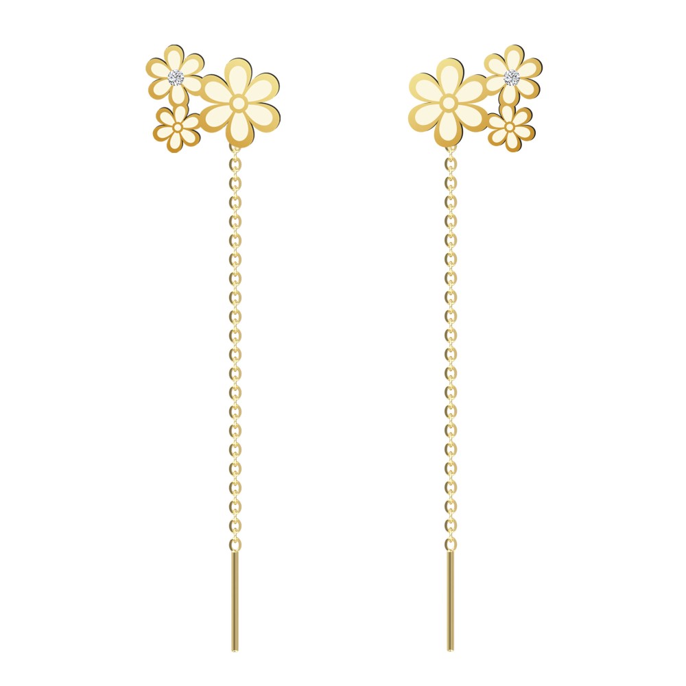 Cercei lungi cu lantisor aur 14k model trei floricele si diamante naturale Cercei lungi cu lantisor aur 14k model trei floricele si diamante naturale