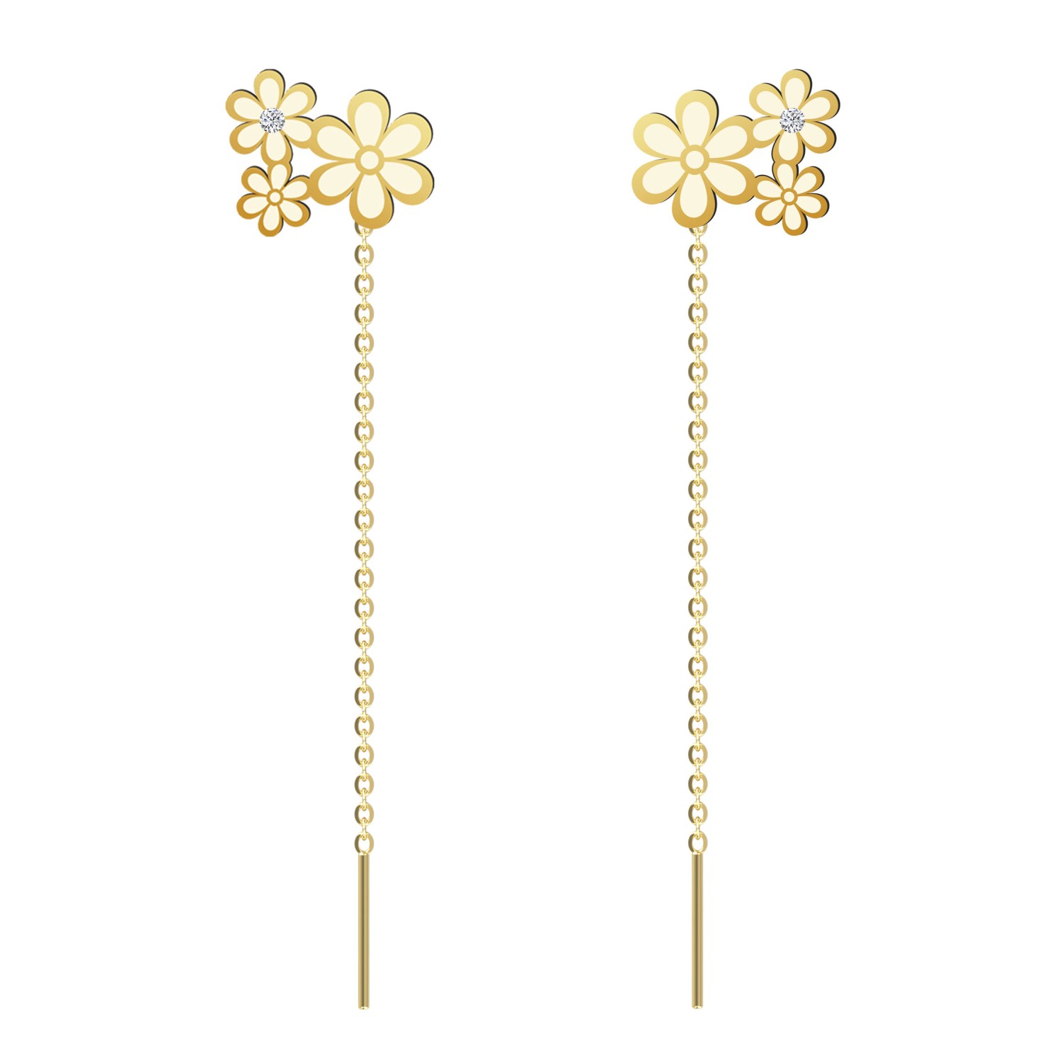 Cercei lungi cu lantisor aur 14k model trei floricele si diamante naturale