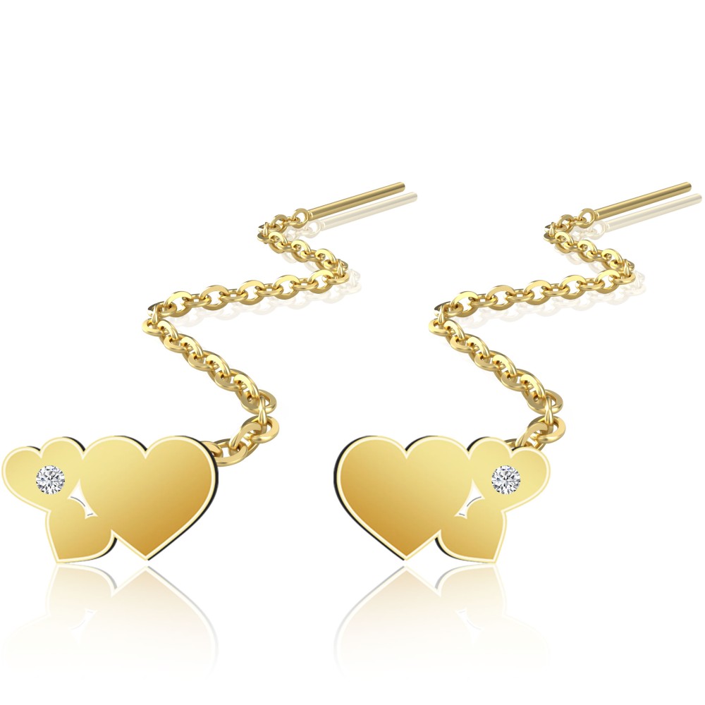 Cercei lungi cu lantisor aur 14k model trei inimioare si diamante naturale Cercei lungi cu lantisor aur 14k model trei inimioare si diamante naturale
