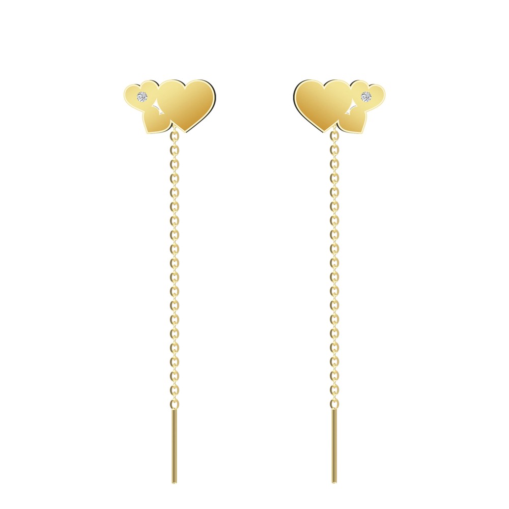 Cercei lungi cu lantisor aur 14k model trei inimioare si diamante naturale Cercei lungi cu lantisor aur 14k model trei inimioare si diamante naturale