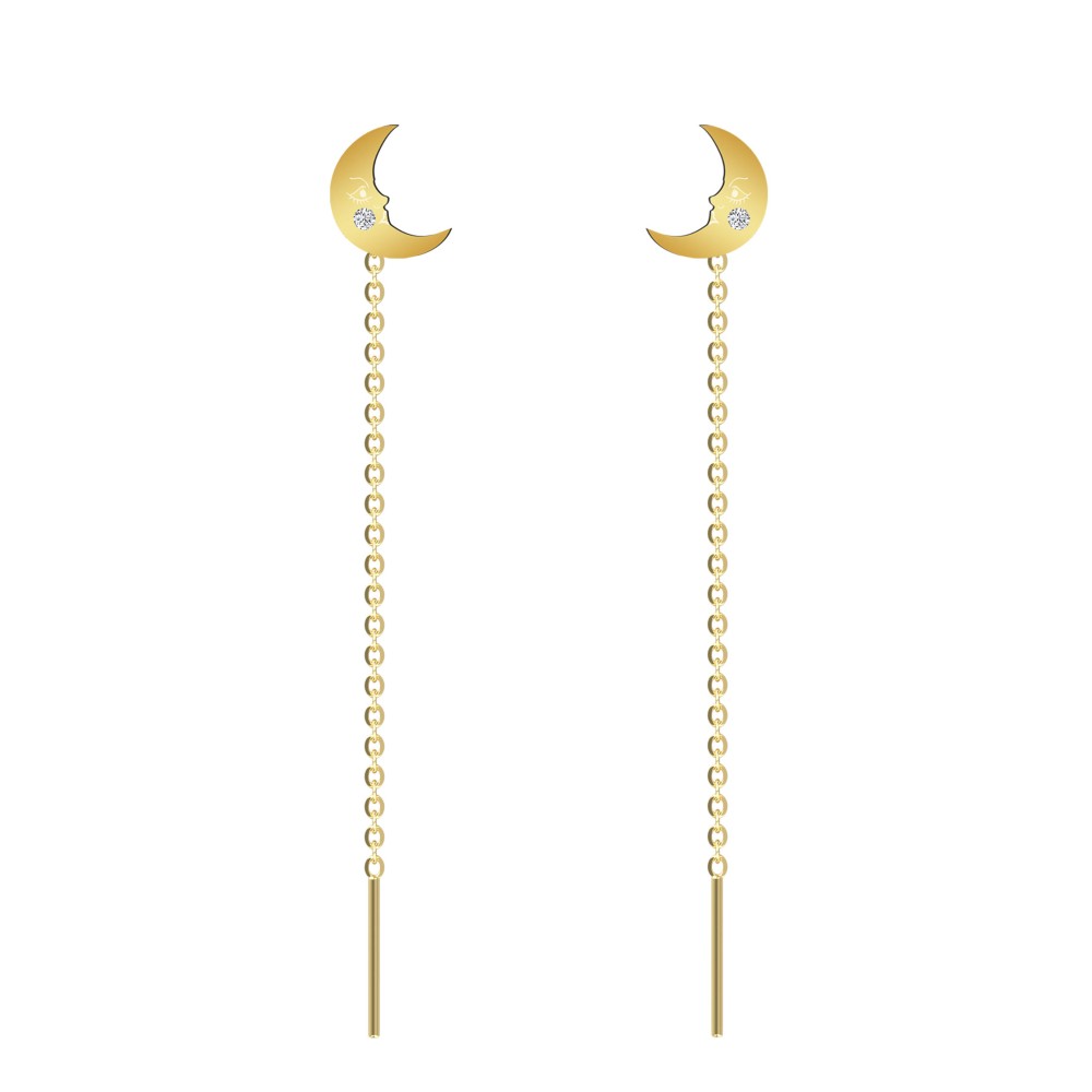 Cercei lungi cu lantisor aur 14k model semiluna gravata cu diamante naturale Cercei lungi cu lantisor aur 14k model semiluna gravata cu diamante naturale