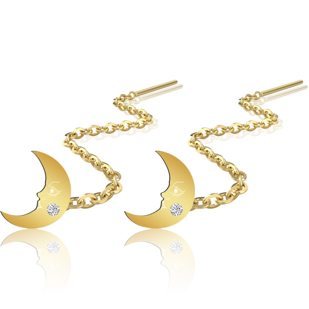 Cercei lungi cu lantisor aur 14k model semiluna gravata cu diamante naturale Cercei lungi cu lantisor aur 14k model semiluna gravata cu diamante naturale