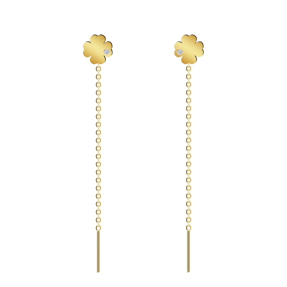 Cercei lungi cu lantisor model floral trifoi aur 14K si diamante naturale Cercei lungi cu lantisor model floral trifoi aur 14K si diamante naturale