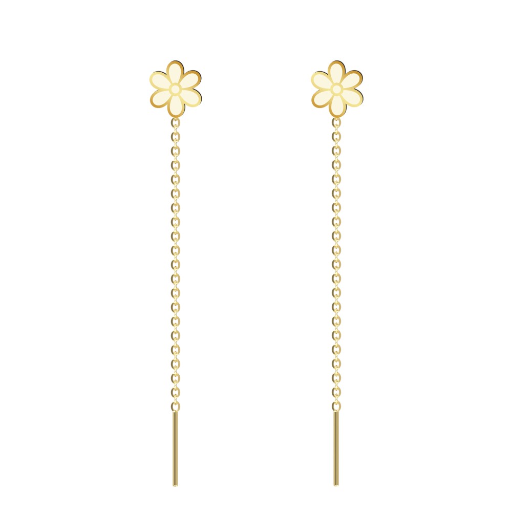 Cercei lungi cu lantisor si floricica aur 14K pentru dama Cercei lungi cu lantisor si floricica aur 14K pentru dama