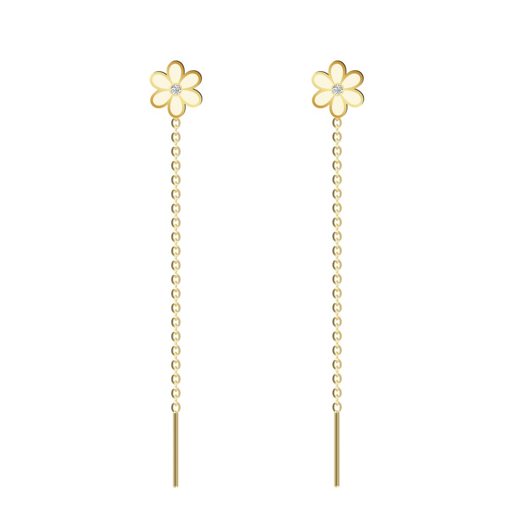 Cercei lungi cu lantisor si floricica aur 14K pentru dama Cercei lungi cu lantisor si floricica aur 14K pentru dama