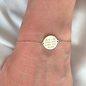 Bratara lant dama cu banut 14 mm si gravura text -  aur 14K