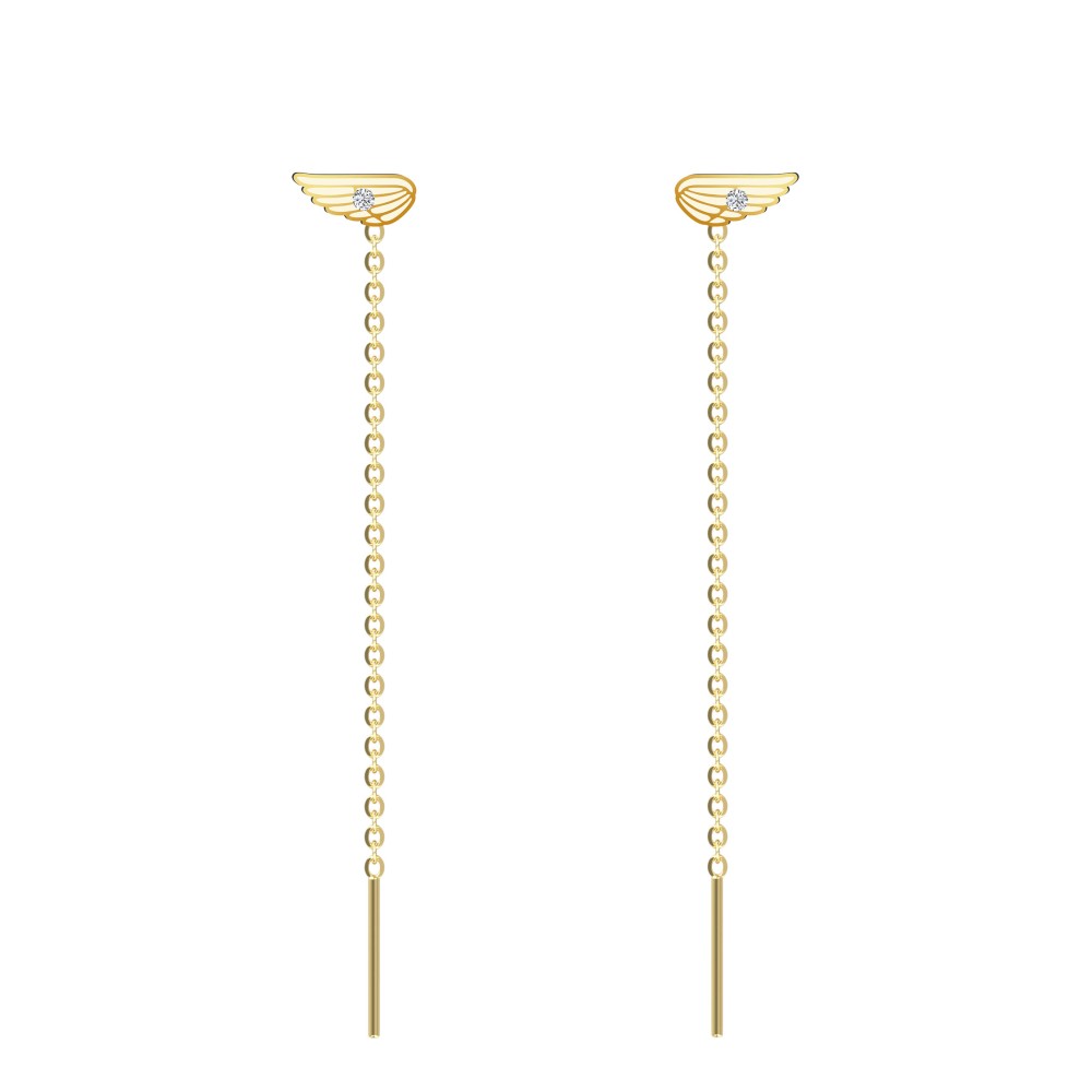 Cercei lungi cu lantisor si model aripa aur 14K pentru dama Cercei lungi cu lantisor si model aripa aur 14K pentru dama