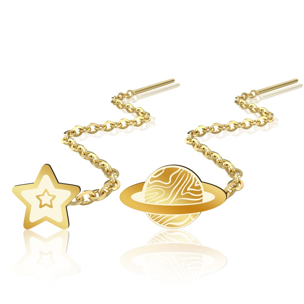 Cercei lungi cu lantisor model planeta si stea aur 14K pentru dama Cercei lungi cu lantisor model planeta si stea aur 14K pentru dama