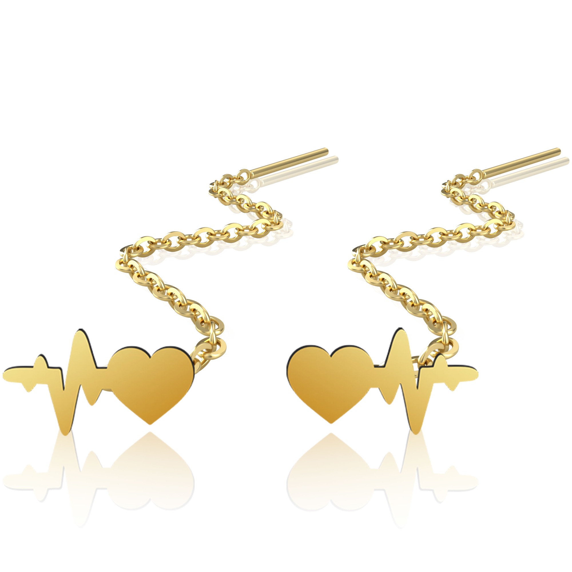 Cercei lungi cu lantisor model puls si inima aur 14K pentru dama