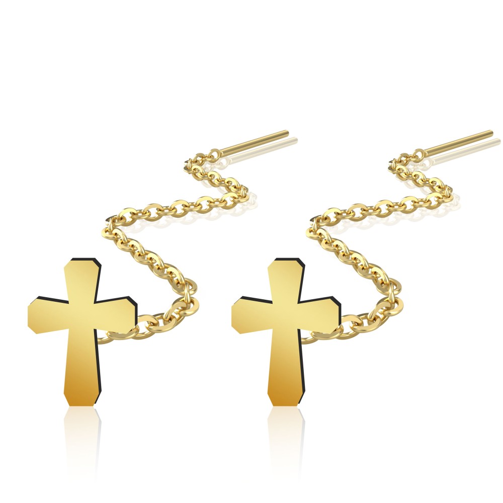 Cercei lungi cu lantisor si model cruciulita aur 14K pentru dama Cercei lungi cu lantisor si model cruciulita aur 14K pentru dama