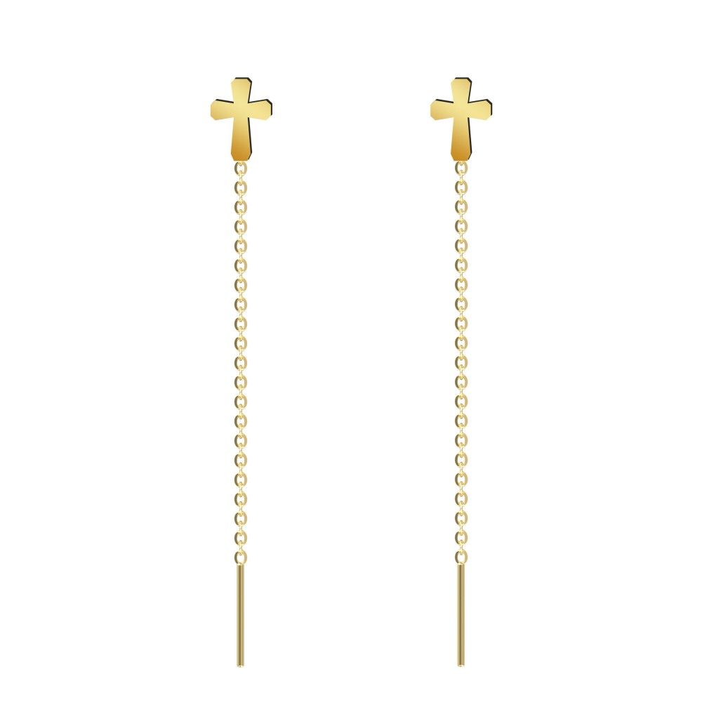 Cercei lungi cu lantisor si model cruciulita aur 14K pentru dama Cercei lungi cu lantisor si model cruciulita aur 14K pentru dama