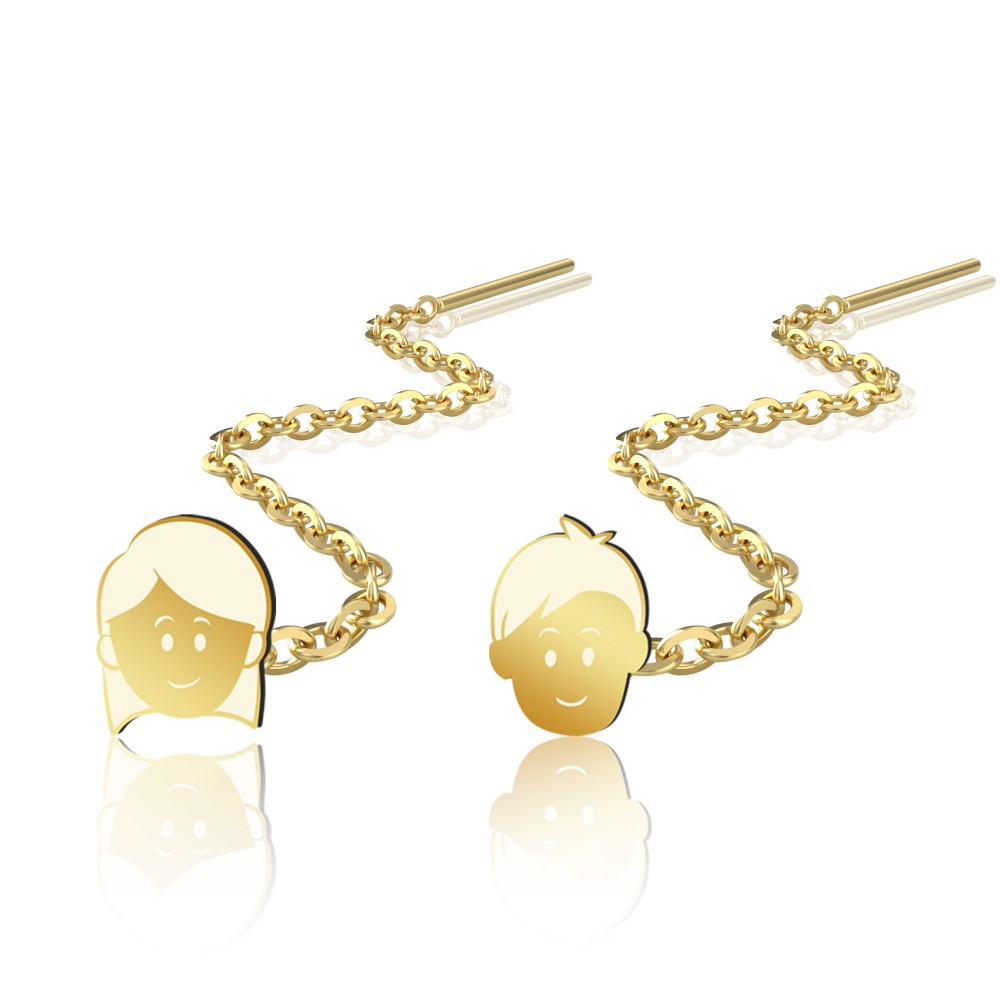 Cercei lungi cu lantisor si model fetita si baietel aur 14K pentru dama Cercei lungi cu lantisor si model fetita si baietel aur 14K pentru dama