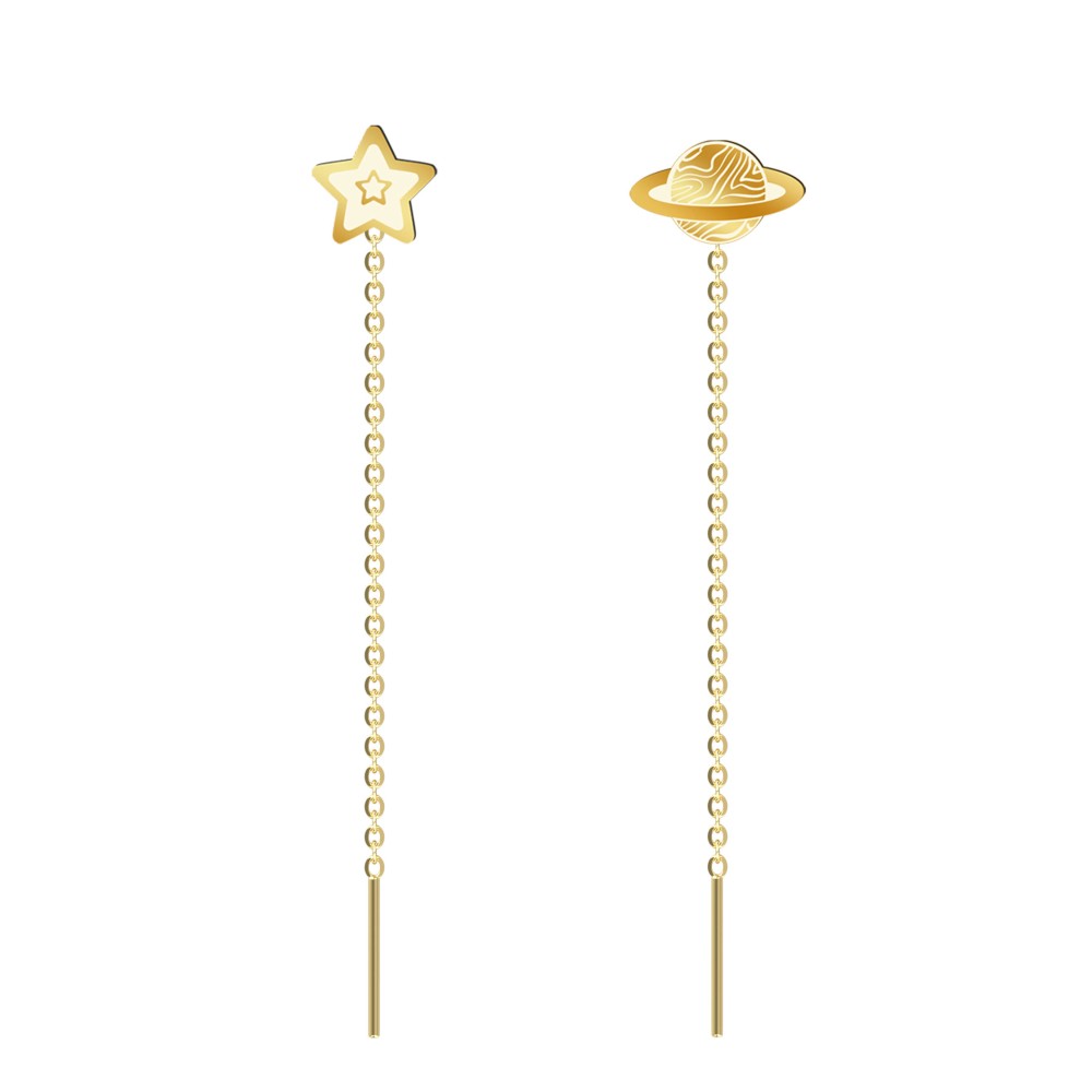 Cercei lungi cu lantisor model planeta si stea aur 14K pentru dama Cercei lungi cu lantisor model planeta si stea aur 14K pentru dama