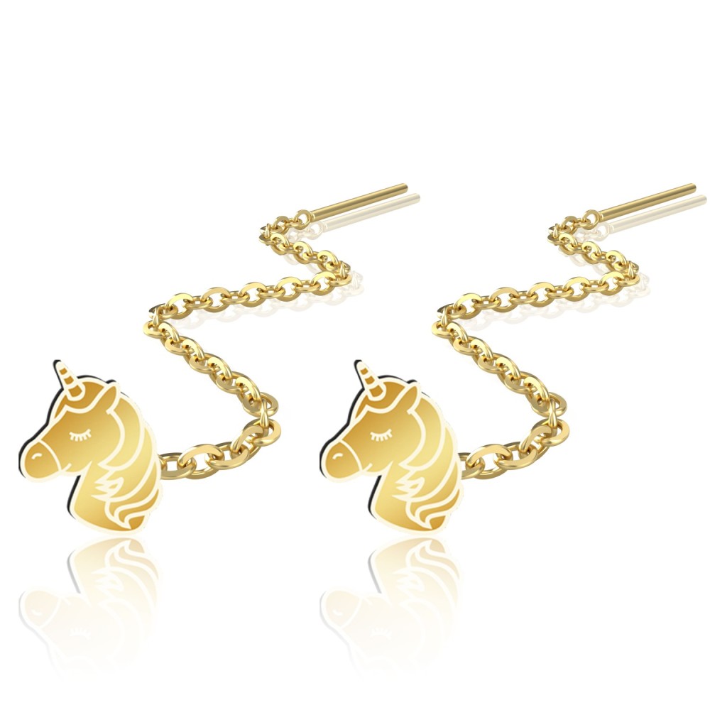 Cercei lungi din argint cu lănțișor – model unicorn - placați cu aur galben sau roz 14k Cercei lungi din argint cu lănțișor – model unicorn - placați cu aur galben sau roz 14k