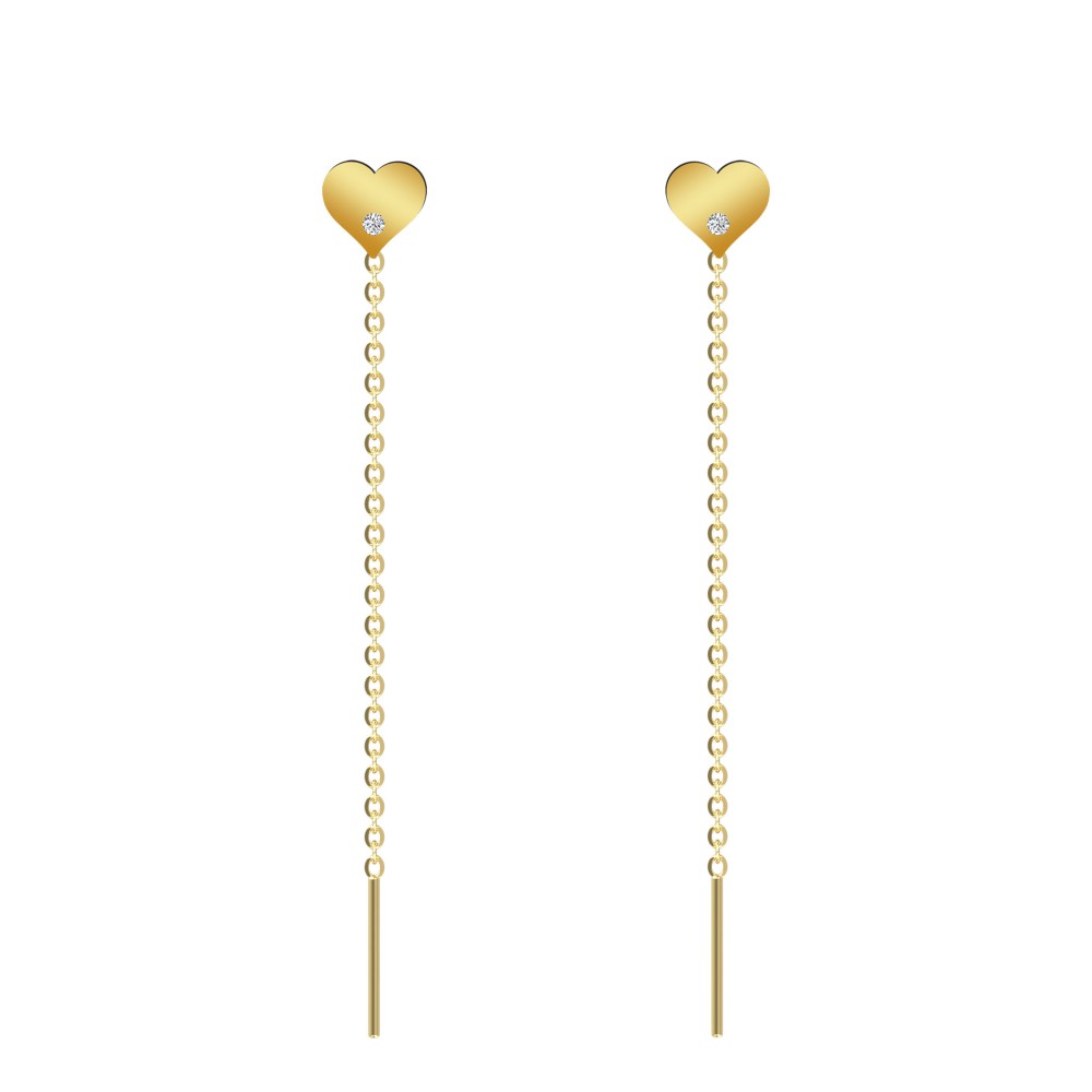Cercei lungi cu lantisor aur 14k model inimioare cu diamante naturale Cercei lungi cu lantisor aur 14k model inimioare cu diamante naturale