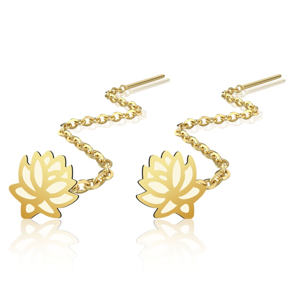 Cercei lungi din argint cu lănțișor – model lotus placați cu aur galben sau roz 14k Cercei lungi din argint cu lănțișor – model lotus placați cu aur galben sau roz 14k