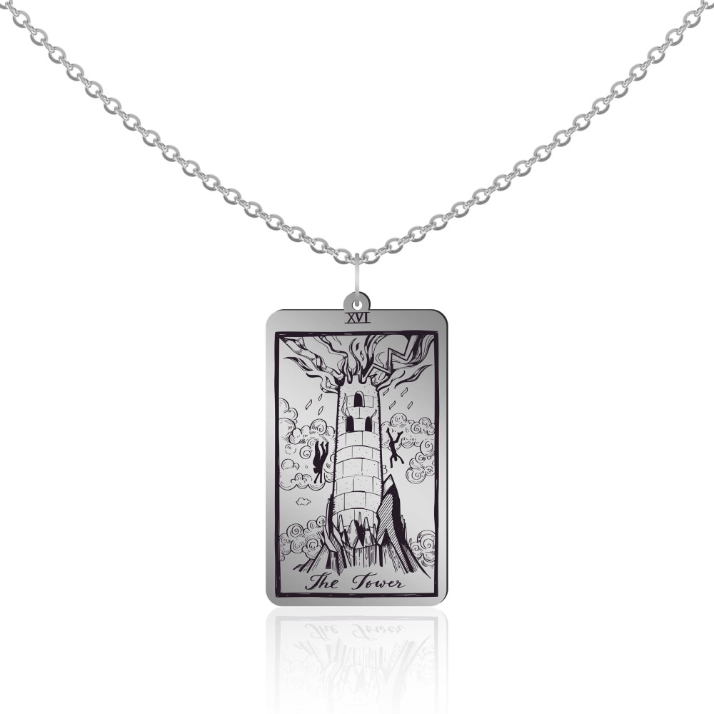 Lantisor din argint 925 cu pandantiv din argint pur 999 model carte de tarot Turnul Lantisor din argint 925 cu pandantiv din argint pur 999 model carte de tarot Turnul
