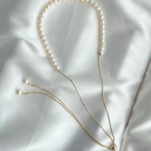 Lantisor  din aur galben 14k cu perle naturale de cultura