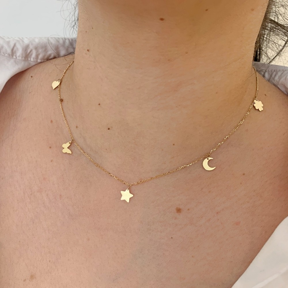 Lantisor cu cinci elemente diferite aur galben 14k si finisaj lucios