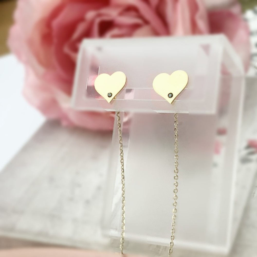 Cercei lungi cu lantisor aur 14k model inimioare cu diamante naturale Cercei lungi cu lantisor aur 14k model inimioare cu diamante naturale