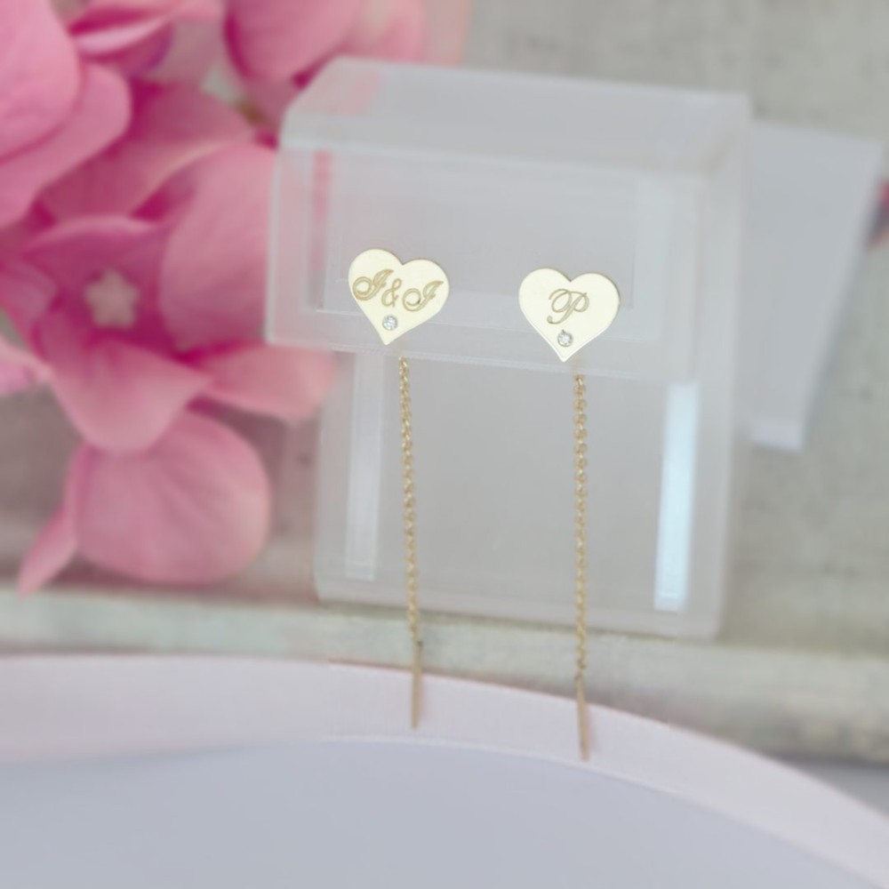 Cercei lungi cu lantisor aur 14k model inimioare cu diamante naturale Cercei lungi cu lantisor aur 14k model inimioare cu diamante naturale