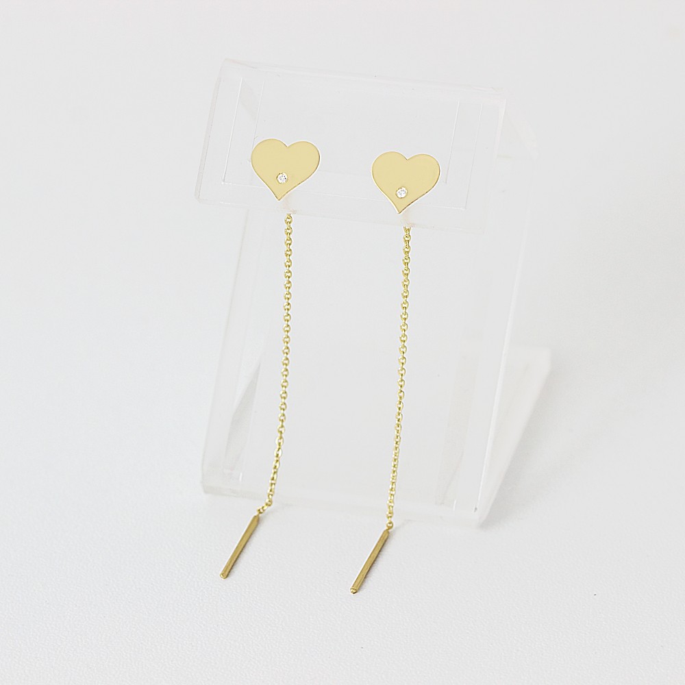 Cercei lungi cu lantisor aur 14k model inimioare cu diamante naturale Cercei lungi cu lantisor aur 14k model inimioare cu diamante naturale