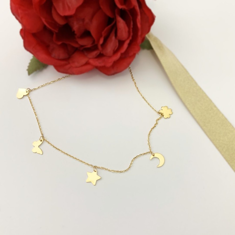 Lantisor cu cinci elemente diferite aur galben 14k si finisaj lucios