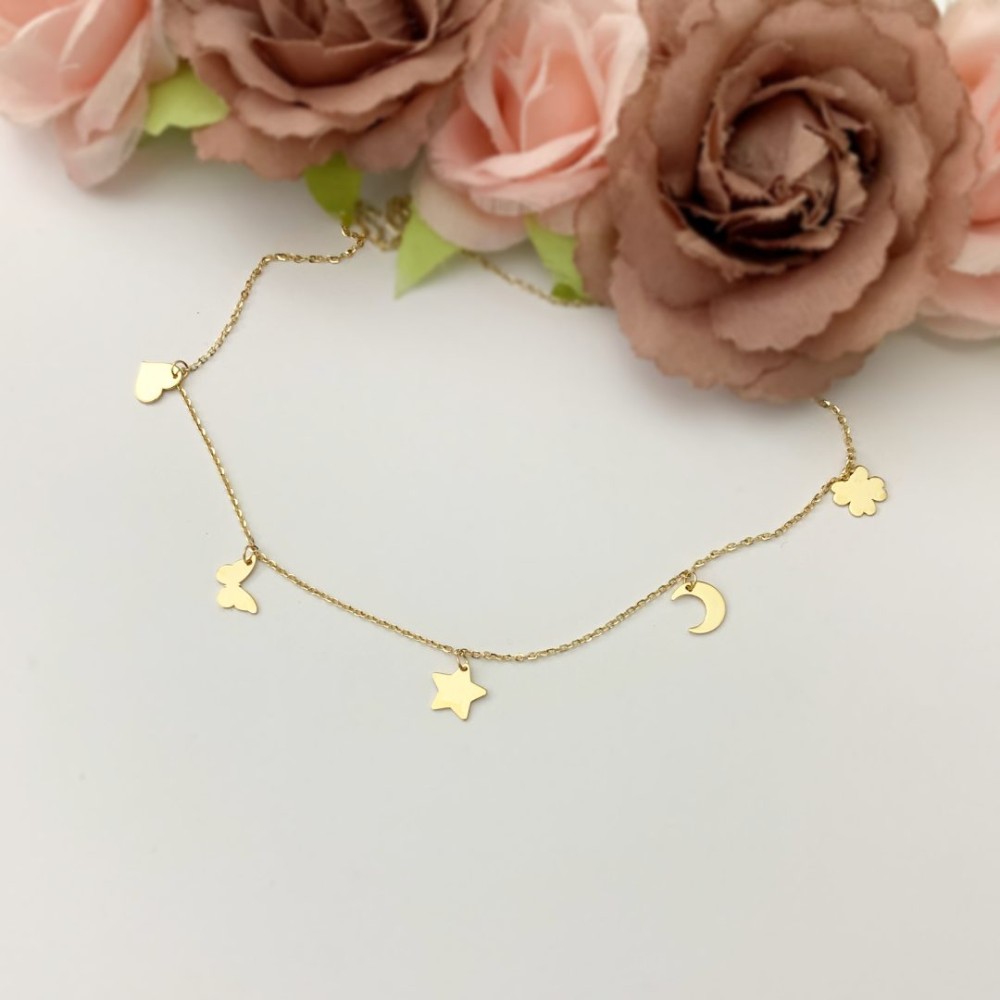 Lantisor cu cinci elemente diferite aur galben 14k si finisaj lucios