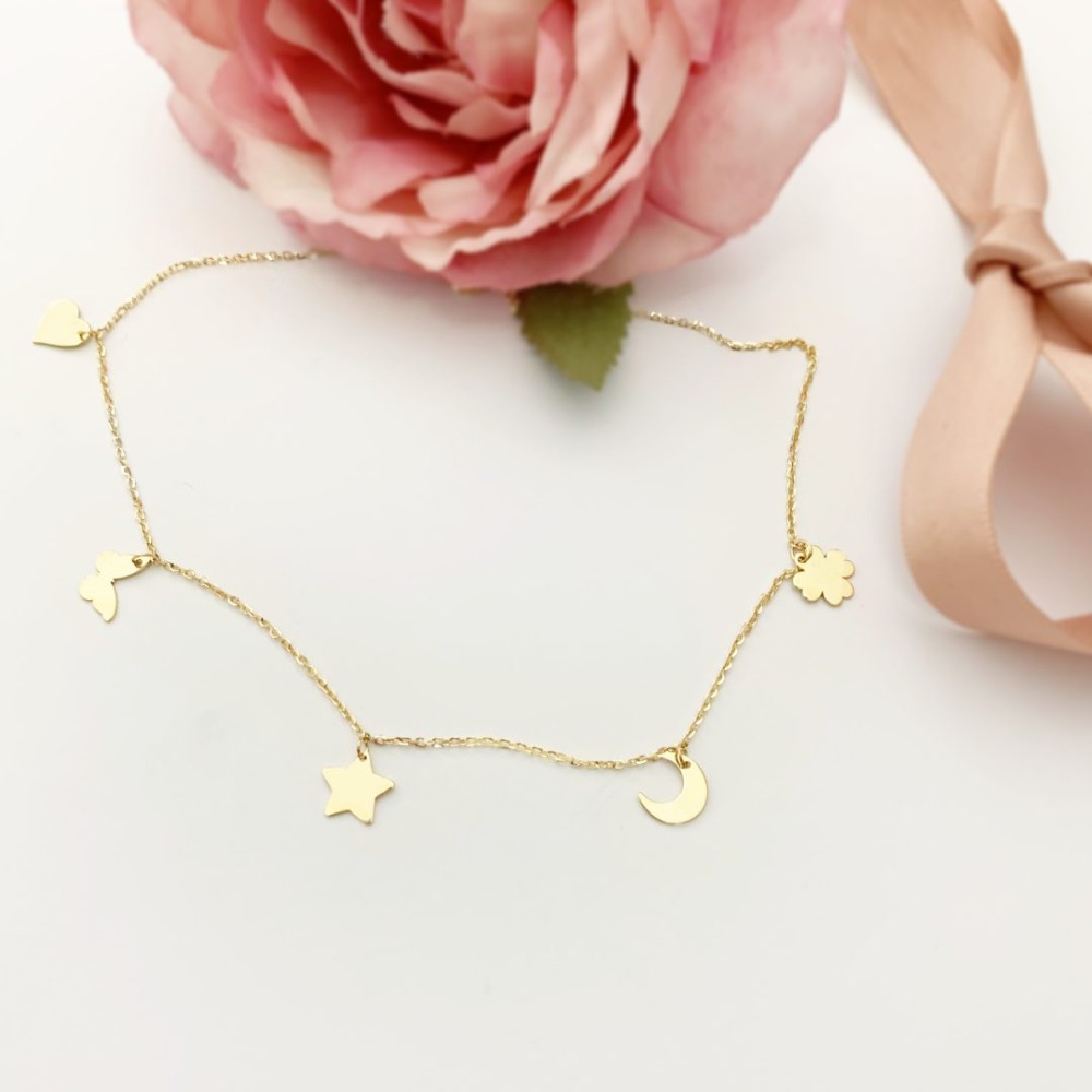 Lantisor cu cinci elemente diferite aur galben 14k si finisaj lucios