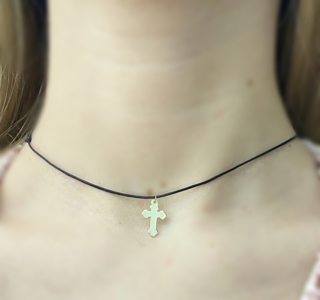 Lantisor choker cu pandantiv cruciulita 14 mm din aur 14K - snur reglabil - 2 | YEO