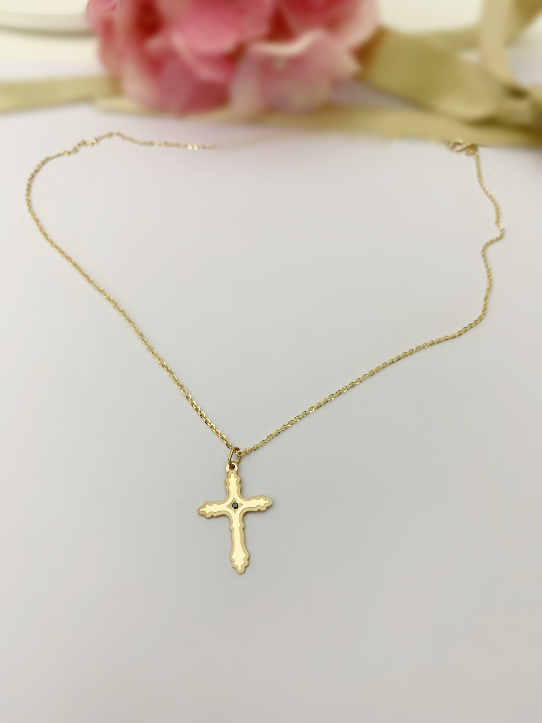 Lantisor cruciulita cu diamant natural - aur galben, alb sau roze 14K - 1 | YEO